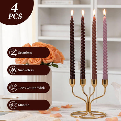 Coffee Spiral Taper Candles, 10 inch Gradient Twisted Candles,4 Pack Unscented and Smokeless Long Burning Candles with Cotton Wicks,Tall Candlesticks,Ideal for Weddings, Dinner Parties, and Home Décor