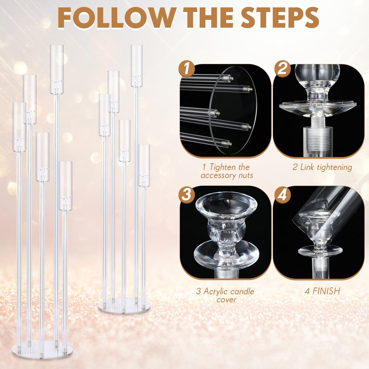 Vesici 2 Pcs 5 Arm 46.4 x 8.7 Inch Acrylic Candelabra Centerpieces for Wedding Table Clear Tall Candlesticks Holder Large Acrylic Candle Holder for Ceremony Floor Home Dinner Party, Fit 0.8 LED Candle