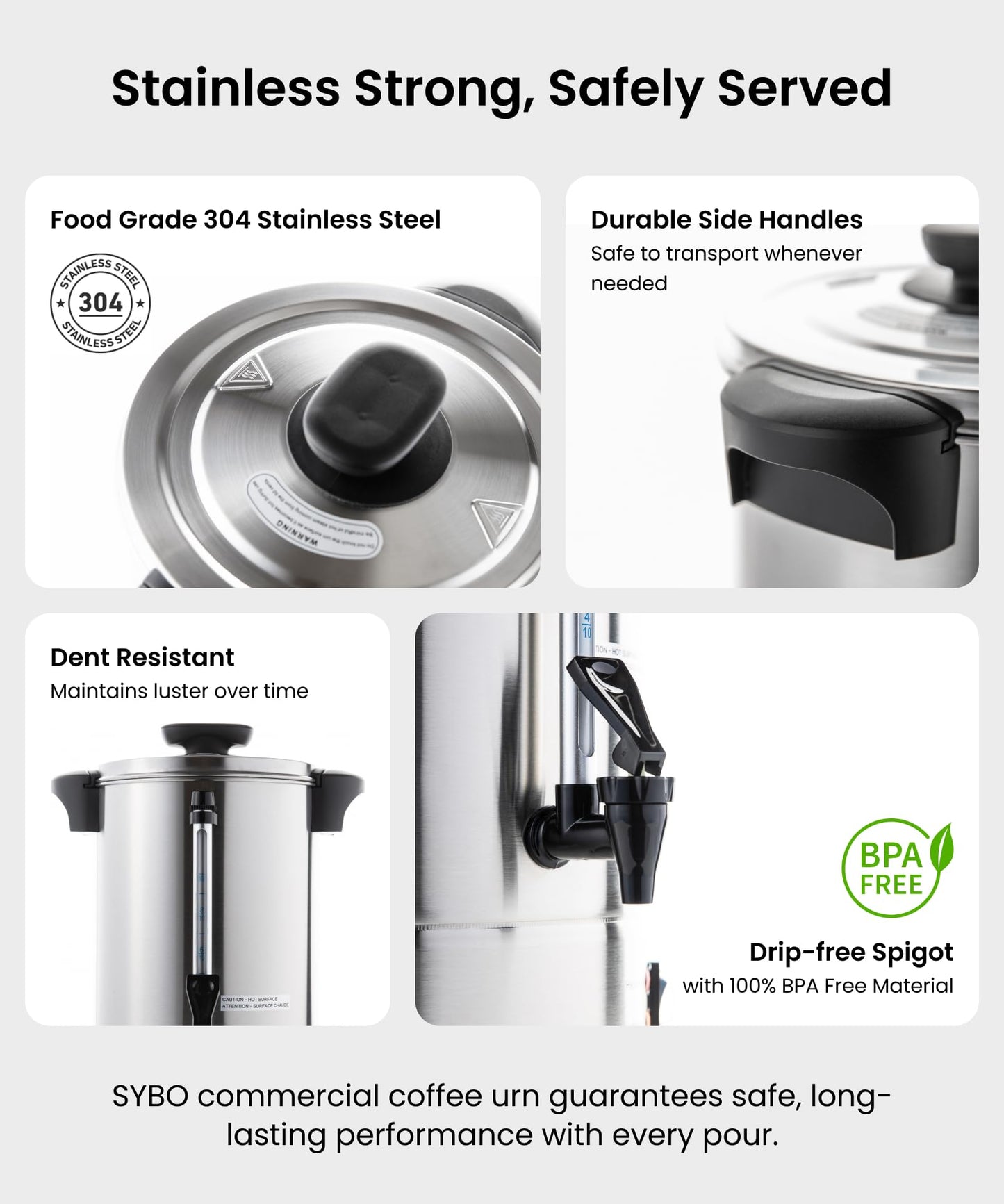 SYBO 120 Cup Commercial Coffee Urn & Hot Beverage Dispenser Stainless Steel Percolate Maker Fast Brew Keeps Warm – Ideal for Tea Water at Events Catering 18 L Metallic