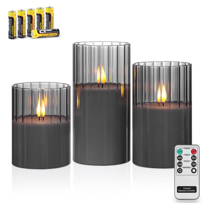 Rhytsing Smoked Ribbed Glass Battery Operated LED Candles with Remote, Flameless Candle with Timer Gift Set for Home Decor, Warm White Lights- Include 6 Batteries - Set of 3