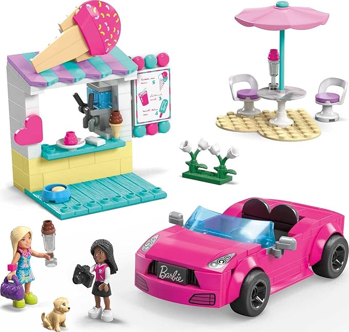 MEGA Barbie Kids Building Toy Set Convertible &amp Ice Cream Stand with 226 Pieces 2 Micro-Dolls and Accessories Pink Ages 6+ Years