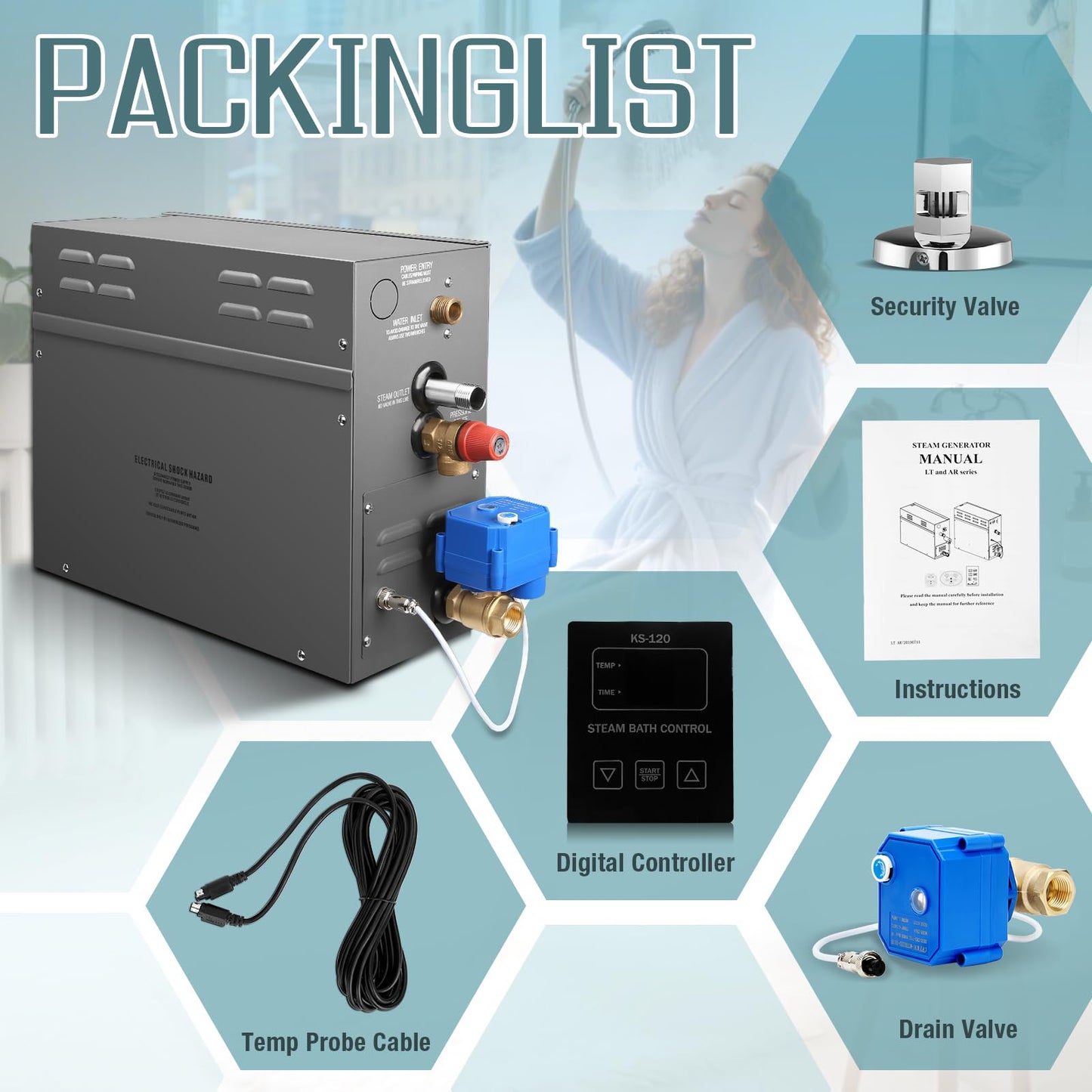 7.5KW Steam Generator-Quick start continuous steam，with Blackdigital control panel Self-Draining System, 95-131°F Temp Control,Can be used for heating a space area of 7.5m³/247Cu.ft. (7.5KW 220V)