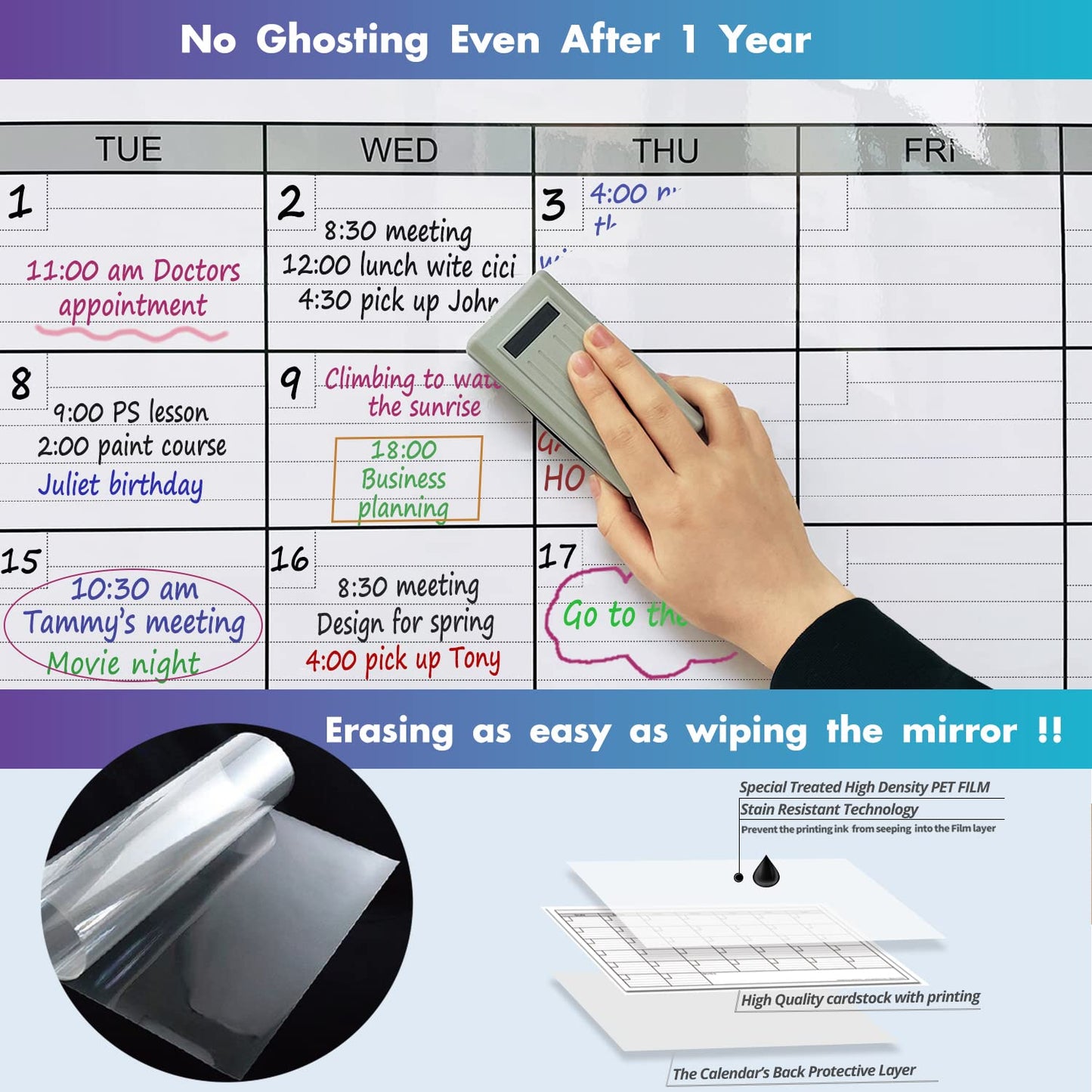 Dry Erase Four Month Laminated jumbo Wall Calendar, 46" x 63", Huge quarterly Laminated Erasable White Board, Giant 120 day Family Whiteboard Schedule Planner, Large Multi Month Reusable Poster