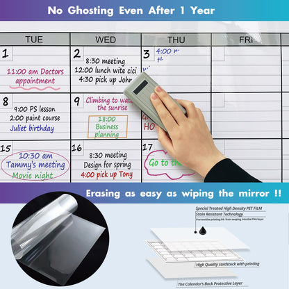 Dry Erase Four Month Laminated jumbo Wall Calendar, 46" x 63", Huge quarterly Laminated Erasable White Board, Giant 120 day Family Whiteboard Schedule Planner, Large Multi Month Reusable Poster