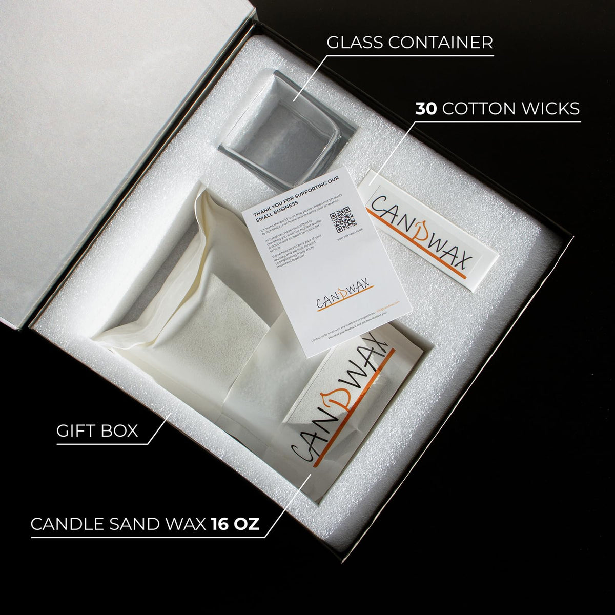CANDWAX Pearled Candle Wax Sand 16 Oz (450g) - Unscented Plant-Based Smokeless Dripless Gift Powder for Candles - Refillable Candle Pearls with 30 Wicks and a Reusable Glass Container