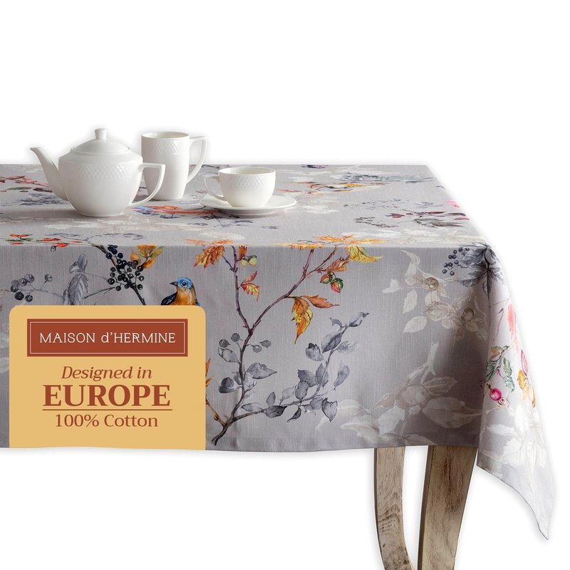 Maison d' Hermine Table Cloth Rectangle Table 100% Cotton 70 x 90 Inches Fall Tablecloth Reusable Everyday Use for Thanksgiving Christmas Decorations Dining Farmhouse Party (Equinoxe - Grey)
