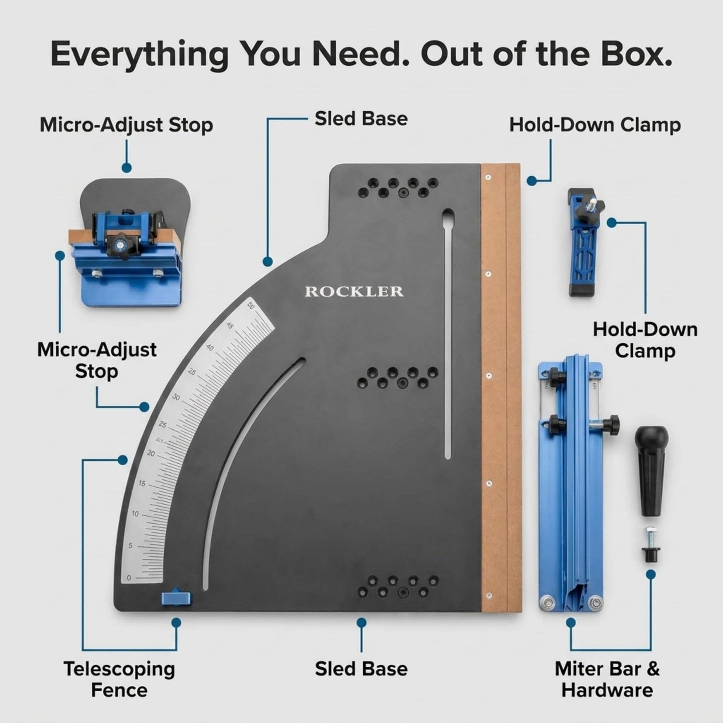 Rockler Table Saw Crosscut Sled with Telescoping Fence - Micro-Adjust Flip Stop & Hold-Down Clamp - Precision Crosscut & Miter Sled for Cabinet & Contractor Table Saws