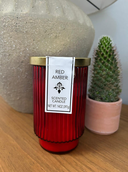 Art Deco Red Amber Scented Candle 14oz – Premium Long-Burning Candle with Warm Amber & Spice Aroma, Elegant Red Glass Jar with Metal Lid – Cozy Home Décor & Gift – Handcrafted Quality
