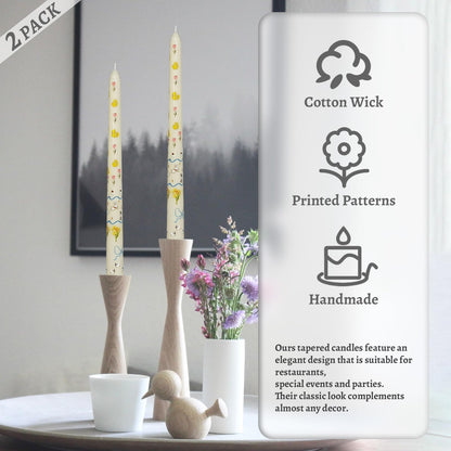 Floral Taper Candles 10 Inch Tall Unscented Handmade Beige Rabbit Print Long Burning Elegant Candlesticks for Wedding Dinner Home Decor