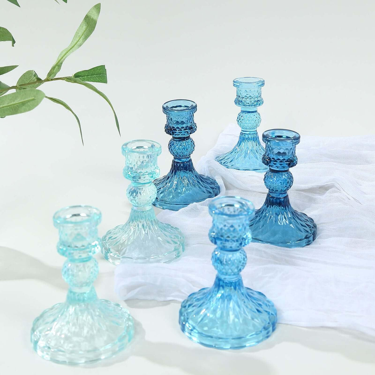 Efavormart 6 Pack Assorted Blue Glass Taper Candlestick Holders with Diamond Pattern, Reversible Crystal Pillar Votive Candle Stands - 4"
