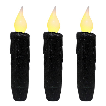 CVHOMEDECO. Glitter Flameless Candles Flickering Battery Operated LED Taper Candles with Timer for Home, Wedding, Halloween, Christmas Decor. Black, 4-3/4 Inch, Set of 3