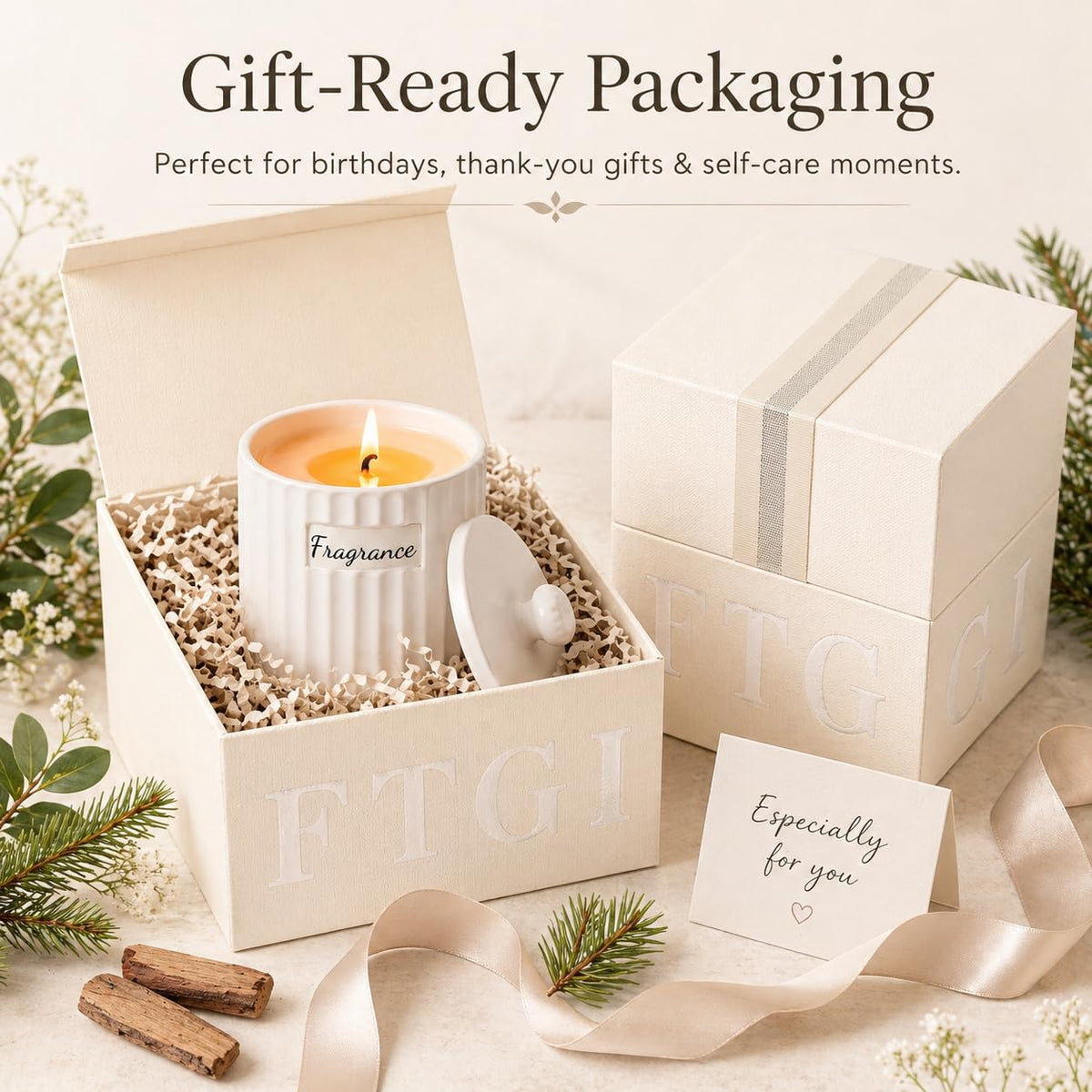 Viyffo 6.35oz Small Scented Candle - Spring Breeze Pines & Cedar, Ivory Non Toxic Soy Candle Gift for Women, Matte Ceramic Jar with Lid Candle, Luxury Fragrance, Elegant Spring Décor & Birthday Gift