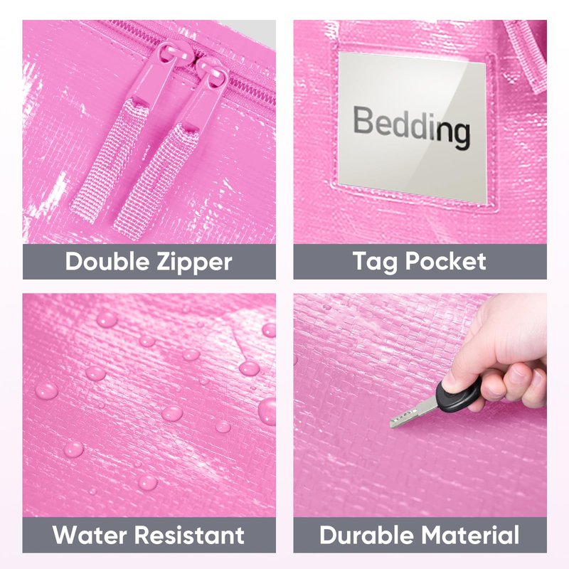 TICONN 8 Pack Extra Large Moving Bags Heavy Duty with Zippers & Carrying Handles, Durable Storage Bags Moving Boxes for Closet Organizers and Storage (8 Pack, Pink)