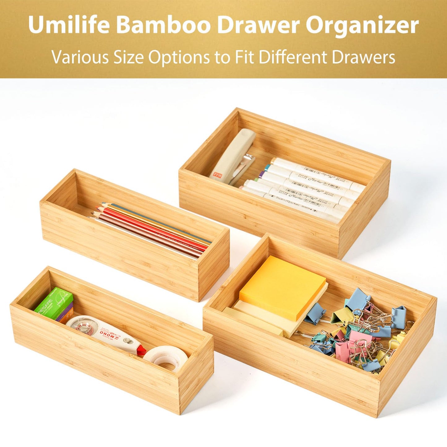 Umilife Bamboo Kitchen Drawer Organizer, Extra High Silverware Tray, Flatware Cutlery Storage Box, Multi-Use Holder in Office, Bathroom, Pantry - 9"x6"x2.5" (Set of 2)