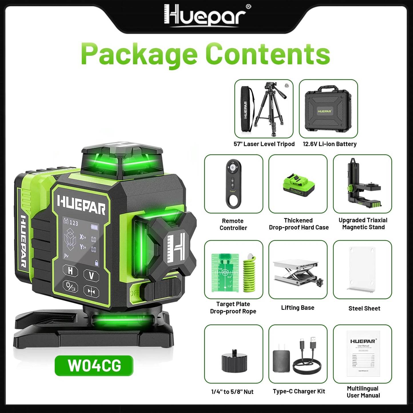 Huepar W04CG Laser Level 360 Self Leveling with 60" Tripod, Laser Class: Class II (IEC/EN60825-1/2014), 1mW power output