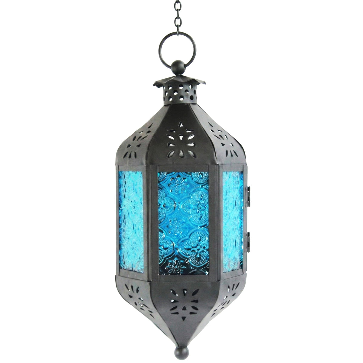 Vela Lanterns Hanging Moroccan Lamp - Exotic Decorative Patio & Porch Decor, Indoor Outdoor Tea Light Candle Lantern Holder with Chain (11" Medium, Blue Glass)
