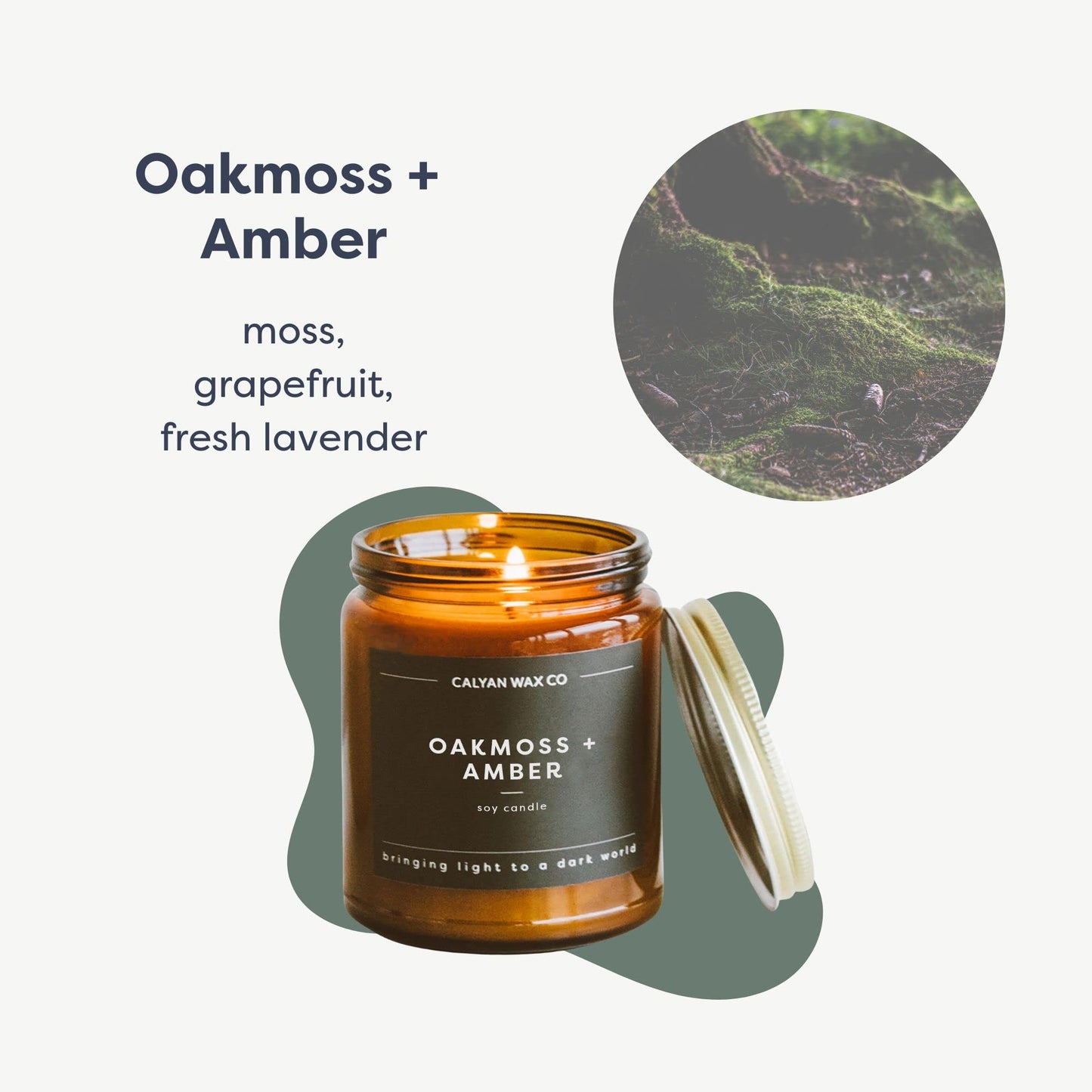 Calyan Wax Co. Oakmoss & Amber Scented Candle - 57 Hour Burn - Luxury Clean Soy Wax Candles - Long Lasting Amber Glass Jar Candle for Home - 7.2oz