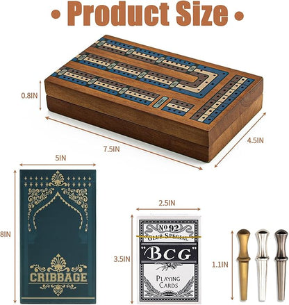 Wooden Cribbage Board Game Set Travel Cribbage Board with Storage and Collapsible with Magnetic Lock / 9 Metal Pegs/Full Deck of Cards Family Board Games for Adults