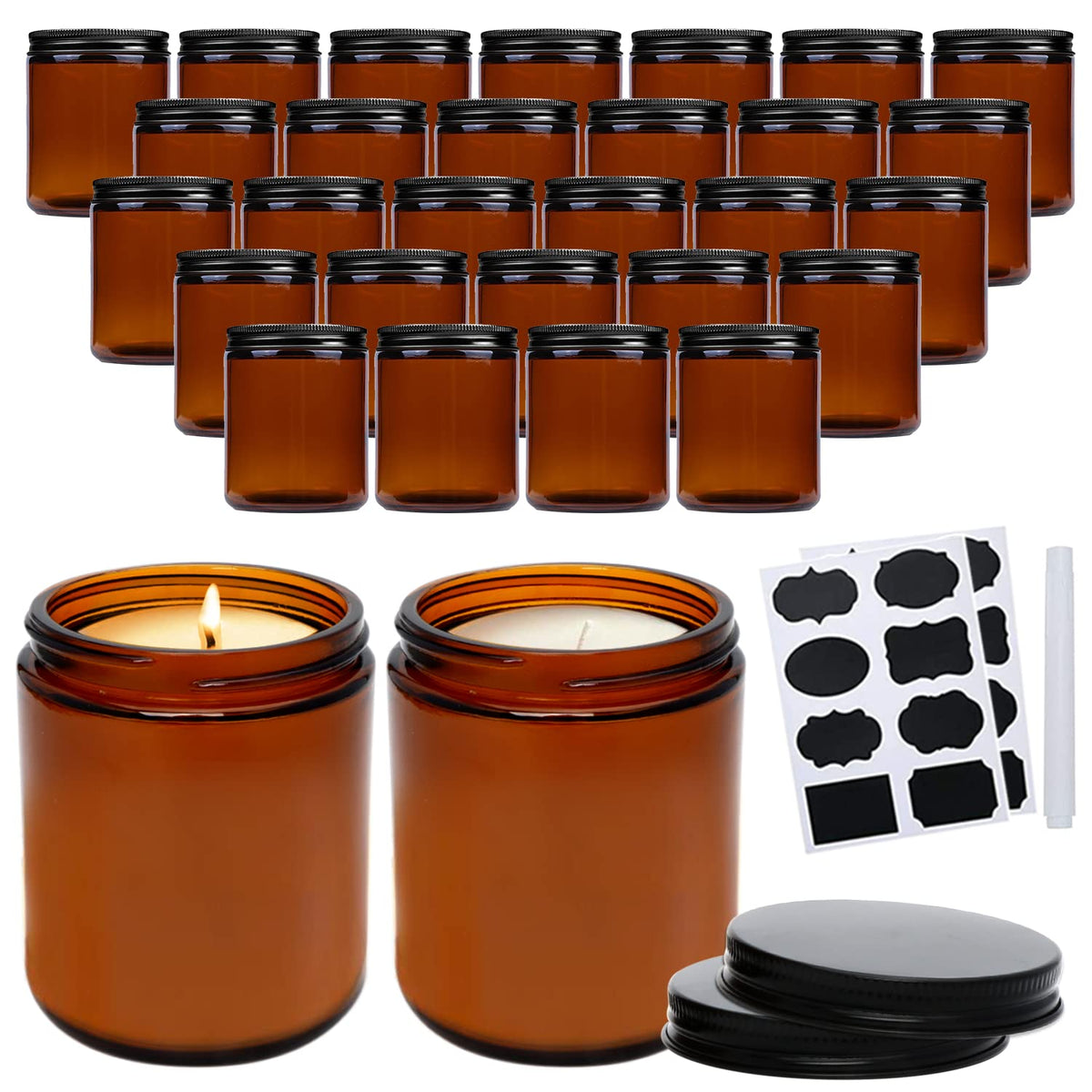 QAPPDA 8oz Amber Candle Jars Set of 30,Round Glass Jars with Black Lids,Empty 250ml Glass Candle Making Jar Bulk Thick Small Food Storage Jar for Spice,Candy,Powder