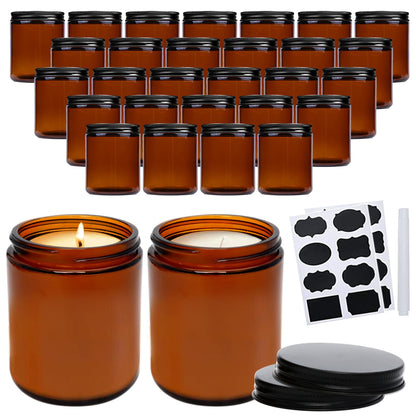 QAPPDA 8oz Amber Candle Jars Set of 30,Round Glass Jars with Black Lids,Empty 250ml Glass Candle Making Jar Bulk Thick Small Food Storage Jar for Spice,Candy,Powder