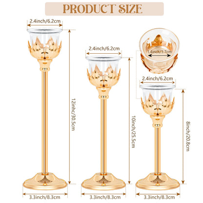 Set of 3 Metal Tea Light Candle Holder with 3 Glass Cups, 12/10/8 Inch Elegant Tealight Candelabra Centerpiece for Wedding Table Decor, Tiered Home Party Decoration (3, Gold)