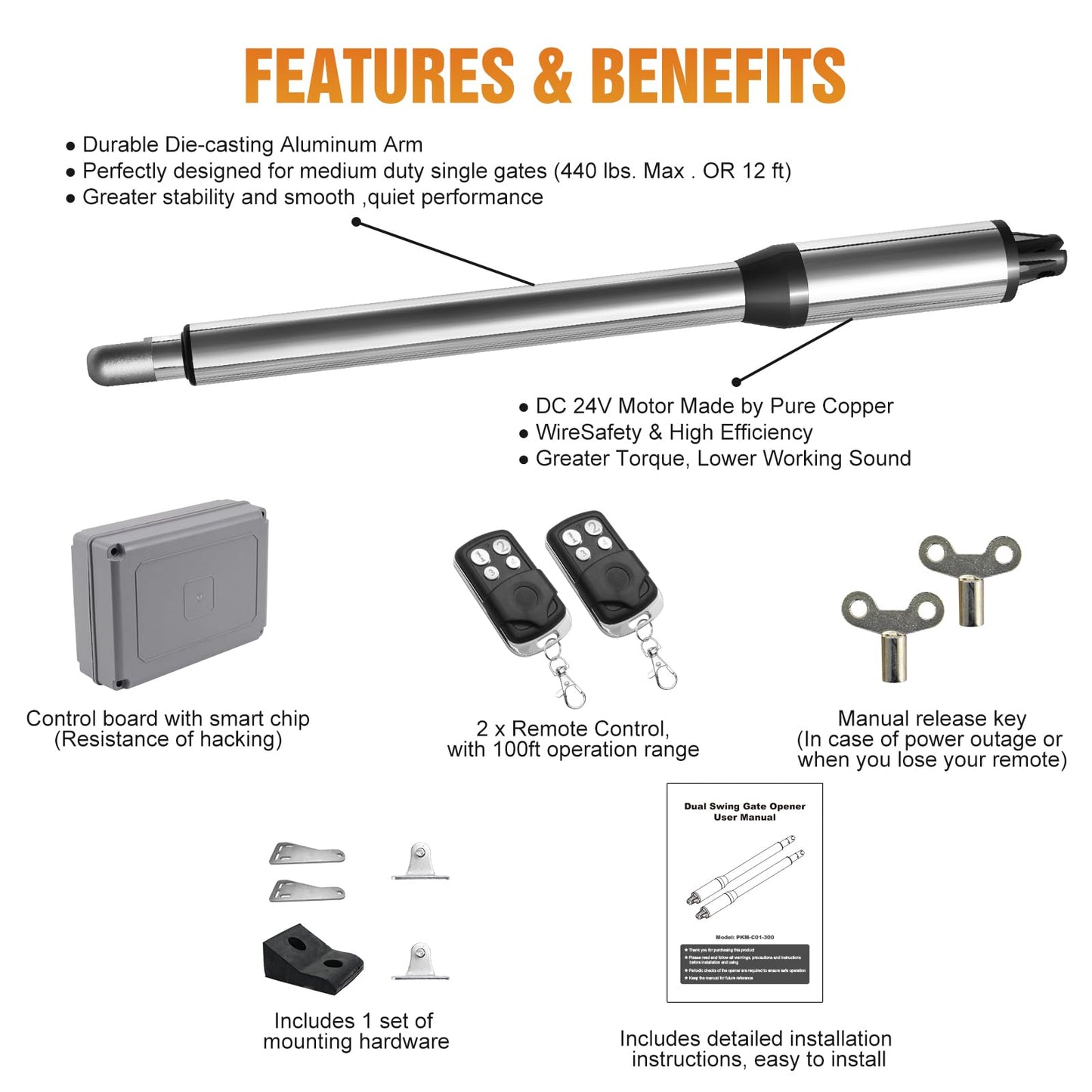 JUJIANG C01 Automatic Gate Opener with Remote Complete Kit for Swing Gate Up to 440lb 12FT per Arm, Electric Gate Openers Light Duty Dual Swing Gate Openers Automatic Gate Motor 40W AC Powered