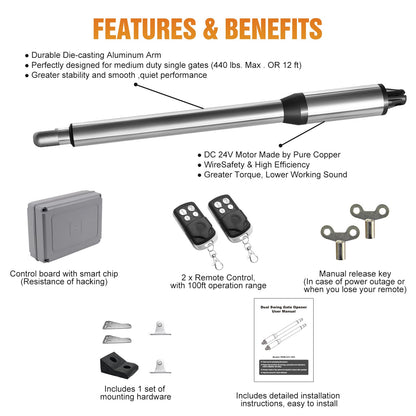 JUJIANG C01 Automatic Gate Opener with Remote Complete Kit for Swing Gate Up to 440lb 12FT per Arm, Electric Gate Openers Light Duty Dual Swing Gate Openers Automatic Gate Motor 40W AC Powered