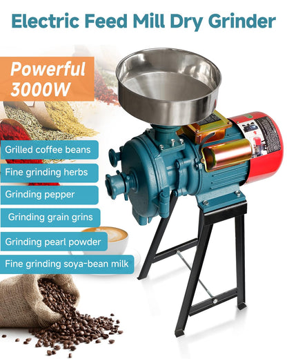 NAIZEA Electric Grain Mill Grinder Corn Grinder, 3000W 110V Commercial Flour Mill Machine with Funnel, Feed Grinders for Corn, Wheat, Rice, Cereals,Molino de Maiz Electrico (Dry Grinders)