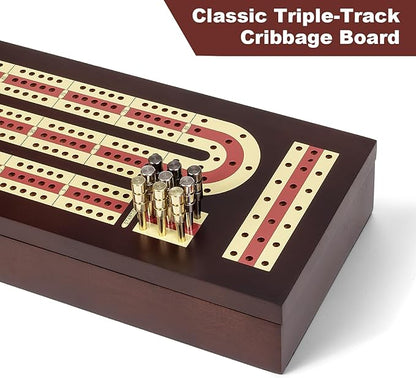Cribbage Board Game Set Premium Wooden Board with Magnetic Lock and Metal Pegs 2 Playing Cards and Large Storage - Travel-Friendly Continuous 3 Track Board