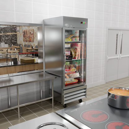 KoolMore Commercial Stainless-Steel Upright Freezer with Reach-In Self-Close Glass Door, 3 Storage Shelves, Heavy-Duty Caster Wheels, Frost-Free Temperature Control - 23 Cu.Ft [Silver] (RIF-1D-GD)