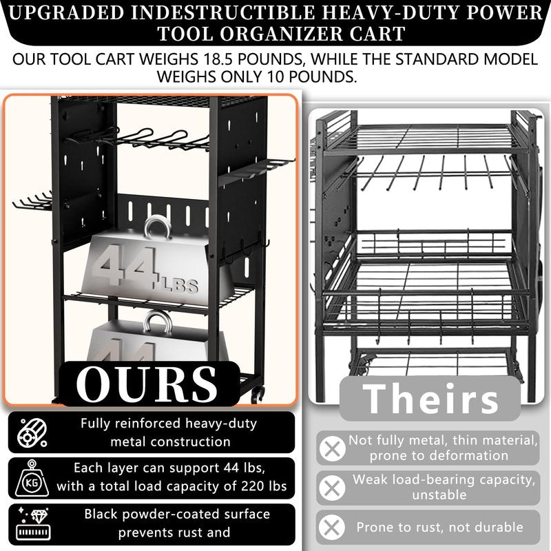 Pure Metal Heavy-Duty Tool Cart, Tool Organizer, 4 Layers + 4 Multifunctional Side Hangers, Integrated Design Power Tool Organizer, Practical Gift for Men, Husbands, and Fathers.