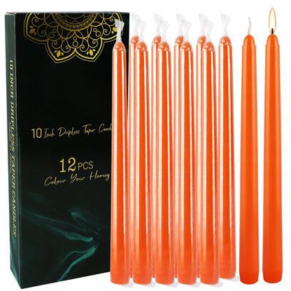 10 Inch Orange Slender Taper Candles Set - 12 Pcs Dripless, Smokeless with Cotton Wick, Ideal for Halloween,Thanksgiving,Dinner, Weddings & Home Decor.
