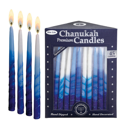 Rite -Lite Judaica Premium Chanukah Candles. Handcrafted, Tri-Color Blue/White Stripe. Box of 45