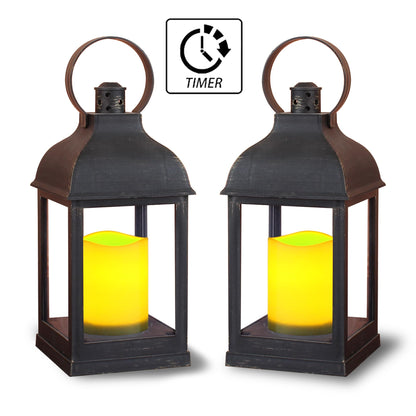 WRalwaysLX 2pack Decorative Lantern with flameless LED Candle Light, ON/Off/Timer Candle with 6Hours, Outdoor/Indoor LED Lantern, Use AAA Battery(not Include) Bronze Plastic (4x9)