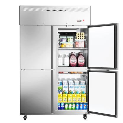 ECEVT 48" W 4 Door Commercial Refrigerator, 36 Cu.ft Stainless Steel Industrial Fridge (32℉~47℉) with 8 Adjustable Shelves, Lockable Door, Wheels, Auto-Defrost for Restaurant, Kitchen, Shop