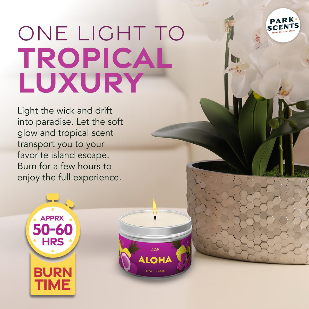 Park Scents Aloha Candle - Authentic Smell of The Hawaiian Aulani Resort Hotel Lobby - Soft Fruity Notes of Pineapple & Coconut - Handmade in The USA - Natural Soy Blend | 8 oz. Tin