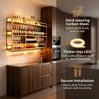RAJYQODIS 59in Wall Mounted Wine Rack, Floating Industrial Liquor Glass Holder 3 Tiers, Large Metal Wine Bottle Display Rack Hanging Shelf, for Home Bar Dining Room Decorative