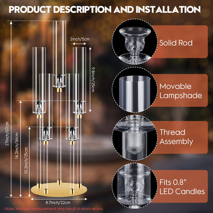 5 Arm Gold Candle Holder, Mjkeomo 26'' Tall Candelabra Centerpieces for Tables Clear Candlesticks Holder for Housewarming Gift Fireplace Halloween Christmas Wedding Decor Fit 0.82'' LED Candle