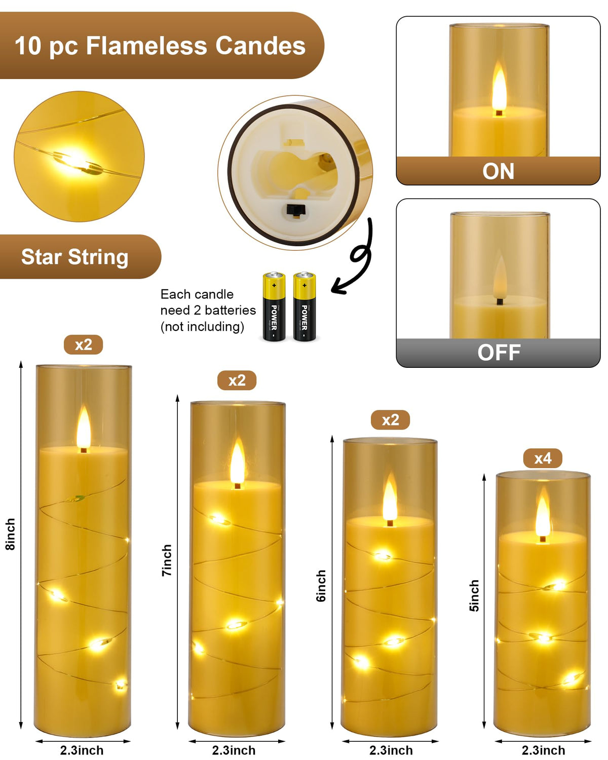 Enido 10 Pc Flameless LED Candles with Remote & Timer, Battery Operated Acrylic Pillar Set, Flickering Electric Lights with Embedded Star String for Cozy Home & Holiday Romantic Decor (Matte Gold)