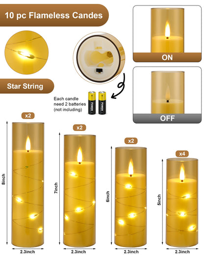 Enido 10 Pc Flameless LED Candles with Remote & Timer, Battery Operated Acrylic Pillar Set, Flickering Electric Lights with Embedded Star String for Cozy Home & Holiday Romantic Decor (Matte Gold)