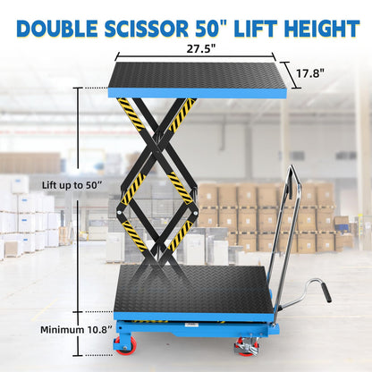 Hydraulic Lift Table Cart, Double Scissor Lift, 330 Lbs Capacity, 50" Height with Non-Slip Pad, 4 Safety Bumper PU Wheels, Ideal for Home, Garage, Supermarket, Factory, Warehouse, Construction