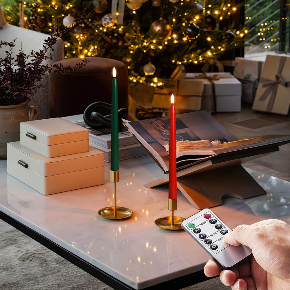 Stmarry Green and Red Flameless Taper Candles with Remote Control - 11 Inch LED Candlesticks Battery Operated, Realistic 3D Flame with Wick, Timer, 6 Pack Holiday Candles Christmas Decor
