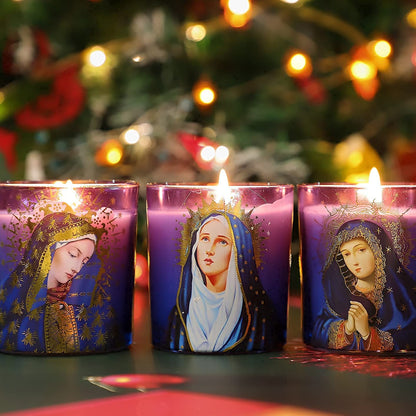 FLAVCHARM Blessed Virgin Mary Scented Candles - Set of 3 Purple Glass Votive Candles for Church Vigil Devotional and Catholic Home Altar - Long-Lasting Burning, Rosemary Scented Soy Wax Jar Candles