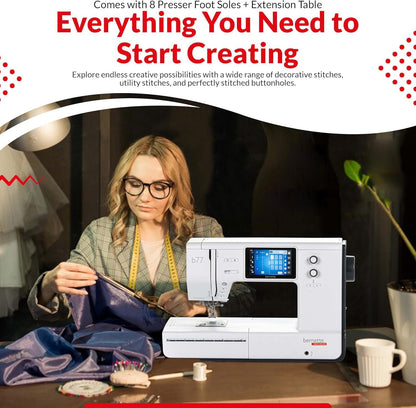 Bernette B77 Computerized Sewing Machine | Heavy Duty, Quilting & Embroidery Kit with Extension Table, Presser Feet, Bobbins, Thread Spools, Needles, Rotary Cutter, LCD Display & $200 Bonus Bundle