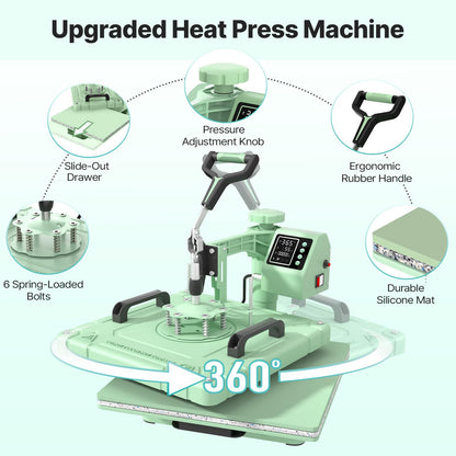 Slendor Heat Press 15x15 Inch 5 in 1 Heat Press Machine 360-Degree Swing Away Digital T Shirt Pressing Machine Multifunction Heat Transfer Sublimation Combo for T Shirts Mugs Hat Plate Cap,Green
