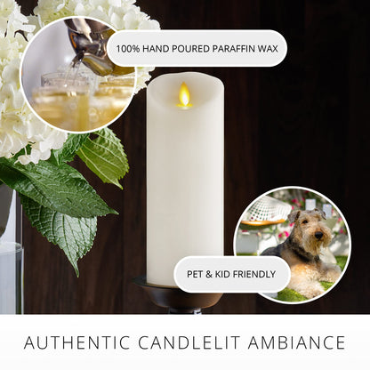 Luminara Realistic Moving Flame LED Candle (3"x8.5") Scalloped Edge Smooth Finish Real Wax Pillar, Battery Operated (2 C) 600 Hr Runtime, Timer, Remote Ready, Unscented - White