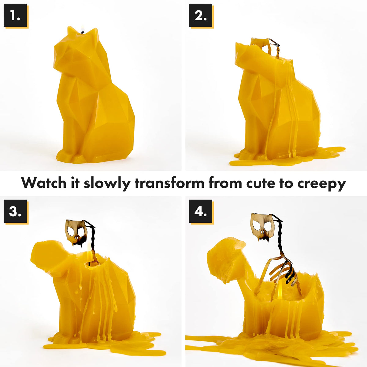 PyroPet Kisa Cat Candle (Mustard Yellow) - The Original Cat Candle with Metallic Skeleton | Halloween Decor | Unique Gift for Cat Lovers | 20-Hr Burn Time | Dimensions: 6.7x2.9x4.5 in