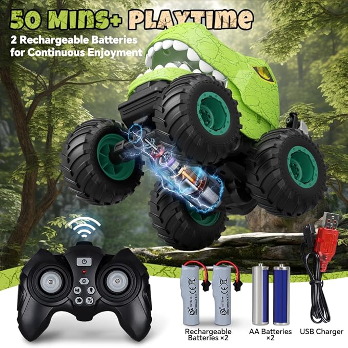 Remote Control Car for Boys 4-7 8-12 Dinosaur Monster Truck Toys with 50min+ Runtime Spray LED Light 360° Rotating &amp 90° Driving RC Stunt Car for Kids Birthday