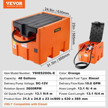 VEVOR Portable Diesel Tank, 48 Gallon, 10.6GPM Flow Rate, Diesel Fuel with 12V Electric Transfer Pump, 13.1 ft Hose, Auto Fueling Nozzle, Transfer Tank for Easy Fuel Transportation, Orange