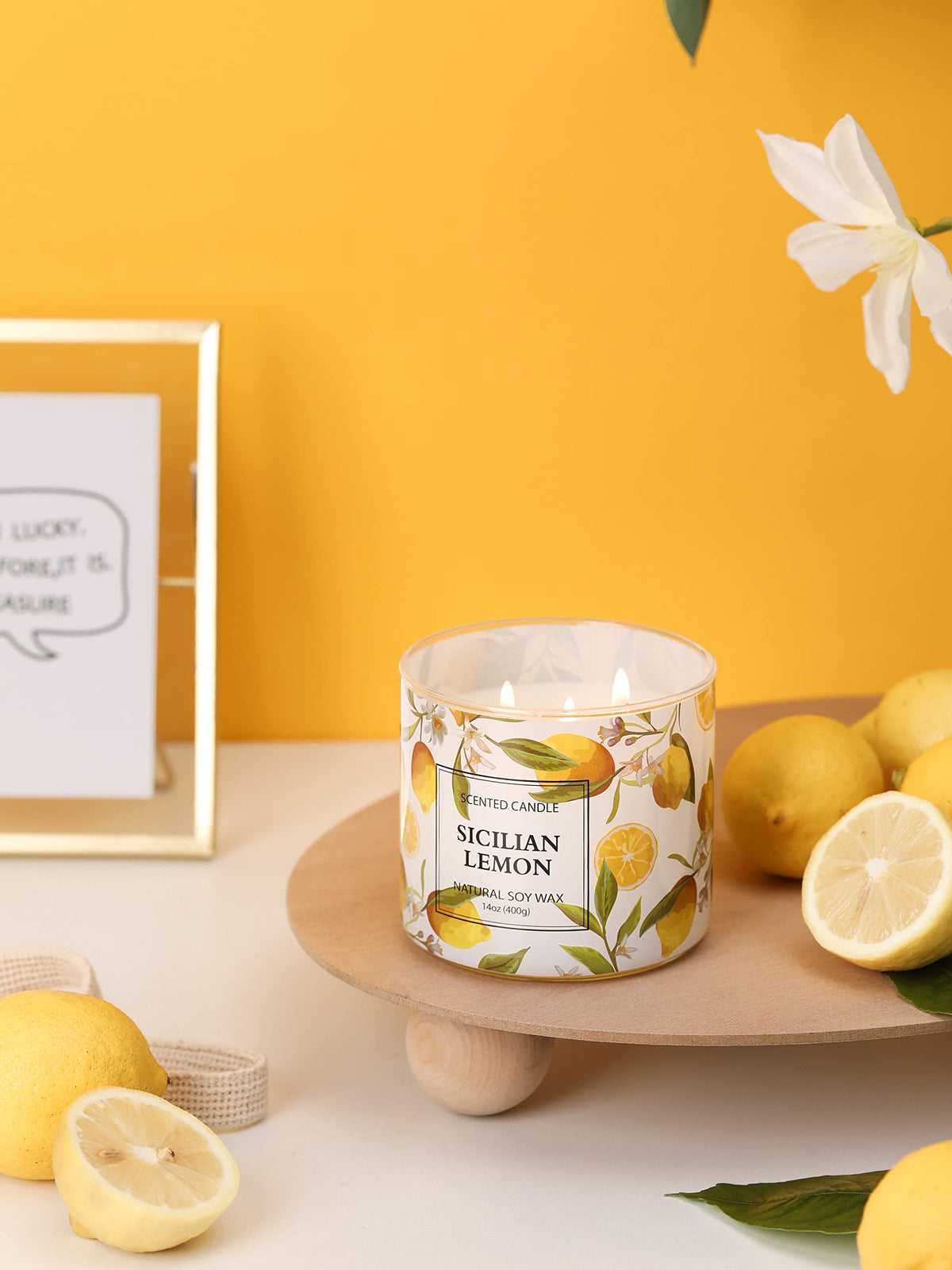 Lemon Candle, Sicilian Lemon Scented Candle, Large 3 Wicks Candle, 14 oz